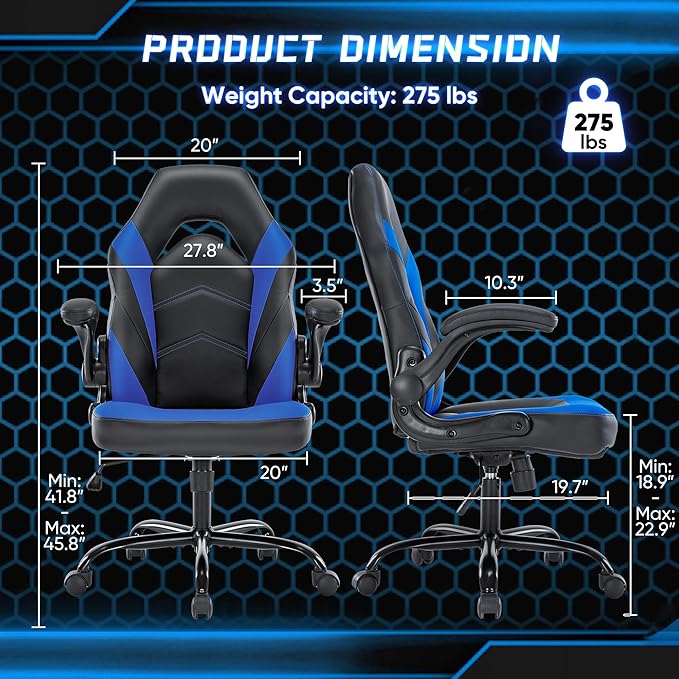 OLIXIS Computer Gaming Chair - PU Leather Ergonomic Lumbar Support with Flip-up Armrest and 360° Swivel Wheels Height Adjustable Task Home Office Desk Video Racing Blue
