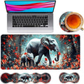 Large Mouse Pad and Keyboard Wrist Rest Desk Pad for Keyboard and Mouse 4-in-1 Large Gaming Mouse Pad with Wrist Support Desk Mat for Home Office Study GameFloral Elephant