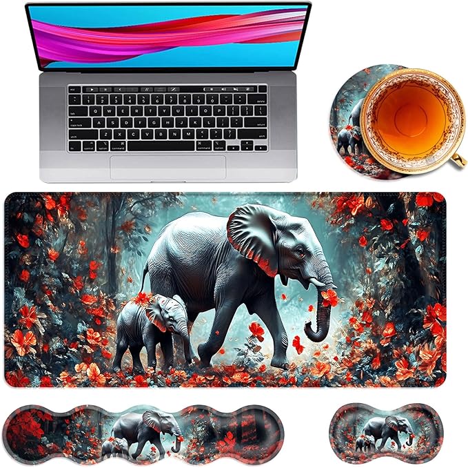 Large Mouse Pad and Keyboard Wrist Rest Desk Pad for Keyboard and Mouse 4-in-1 Large Gaming Mouse Pad with Wrist Support Desk Mat for Home Office Study GameFloral Elephant