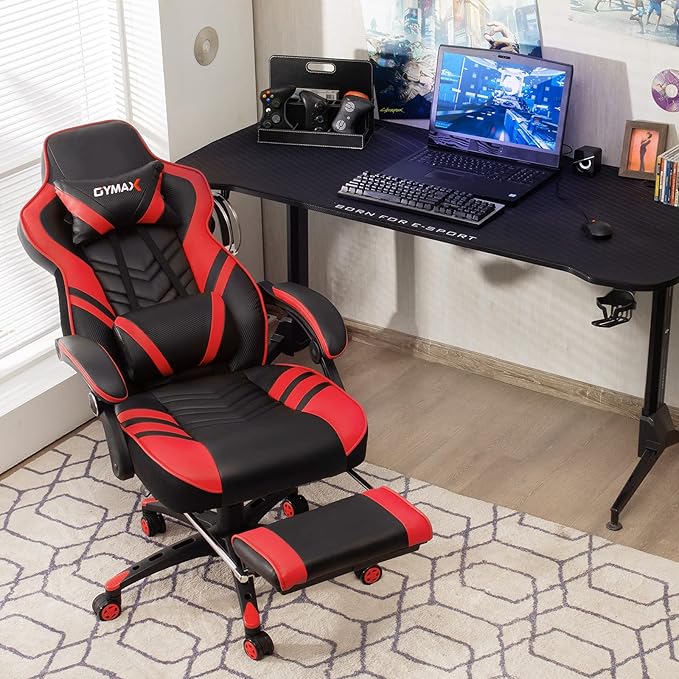 GYMAX Gaming Chair Ergonomic Computer Chair with Footrest Linkage Armrests &amp Lumbar Cushion Big Wide High Back Video Gaming Chair Reclining Office Rolling Chair for Adult/Teens (Red)
