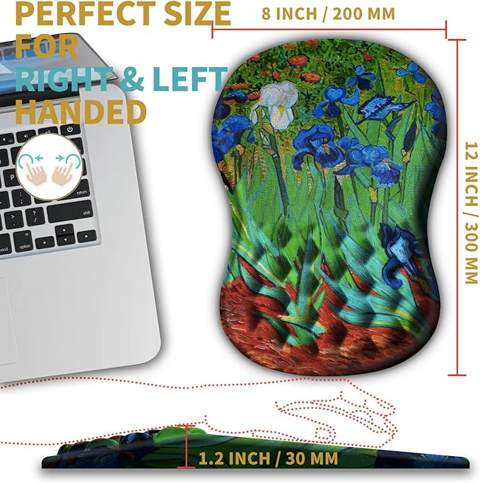 Hokafenle Ergonomic Mouse Pad Wrist Support with Massage Design Wrist Rest Pain Relief Mousepad with Memory Foam&ampNon-Slip PU Base Mouse Pads for Wireless Mouse &amp Desk(12x8 inchVangogh Iris