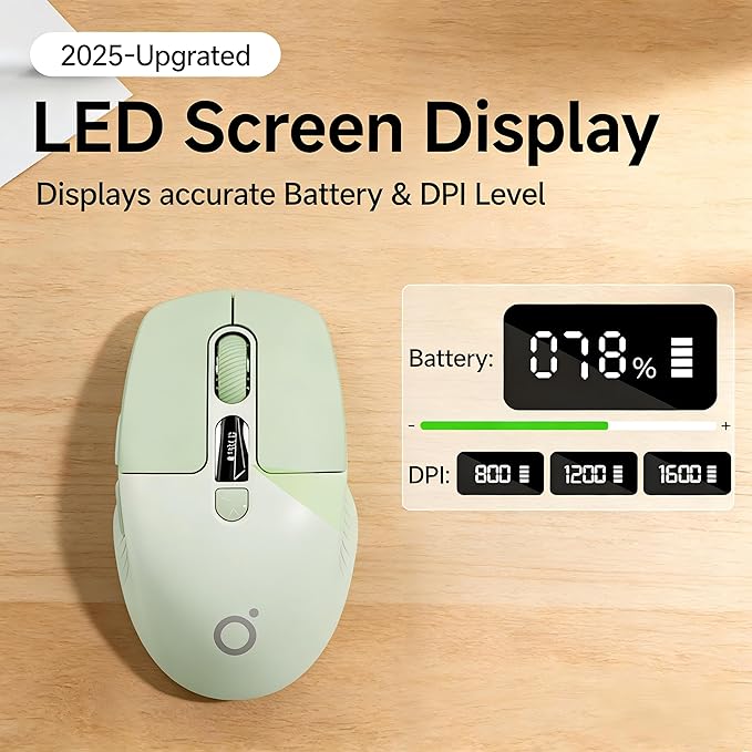 EWEADN Q1 Wireless Mouse BT &amp 2.4G Silent Mouse Quiet Click with 1600 DPI Levels Battery &amp DPI LED Screen Display 6 Button Small Portable Bluetooth Mouse for Laptop/PC/Mac-Green