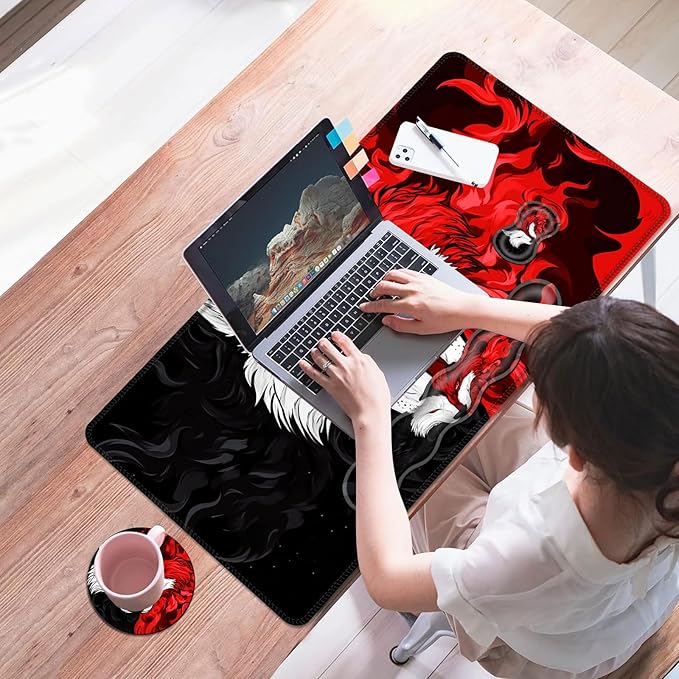 Mouse PadLarge Desk Mat Set 4in1 XL Mousepad + Keyboard Wrist Rest+Mouse Wrist Rest+Coaster with Ergonomic Desk Pad for Home Office Table Computer Cover -Wolf and Fox