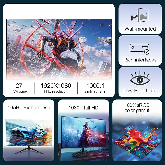 27 Inch FHD (1920x1080) Gaming Office Monitor165Hz Refresh Rate HVA Panel Computer Monitor 1000:1 Contrast Ratio100% sRGB HDMI and DisplayPort Interfaces (G27X)