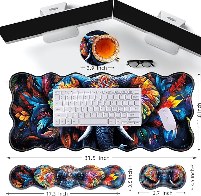 Large Gaming Mouse Pad Keyboard Wrist Rest Pad &amp Wrist Support Mousepad Set Stitched Edge Extended Non-Slip Base Memory Foam Desk Mat for Office HomeCute Colorful Elephant