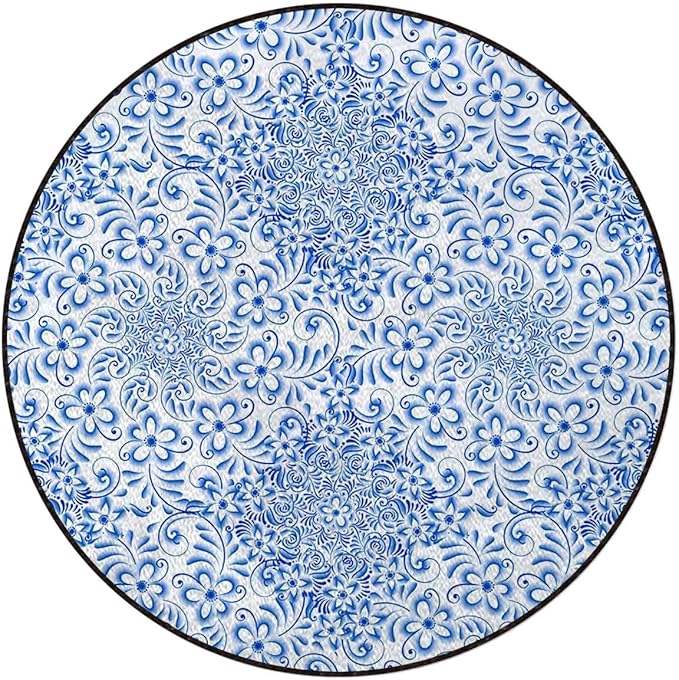 Blue Washable Round Area Rug -Non-Slip Distressed Circle Rug Non-Shedding Entryway Carpet for Bedroom Laundry Kitchen Decor Porcelain Style Traditional Pattern Colors Diameter 51 in