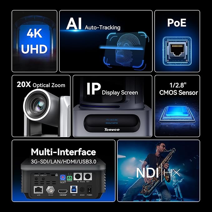 Tenveo 4K NDI PTZ Camera and Controller Bundle/Kit 4K 20X AI Tracking NDI/SDI/HDMI/USB3.0/LAN/PoE PTZ Camera and NDI PTZ Controller 5-Inch LCD 4D Joystick for Church Streaming Conference Live Events