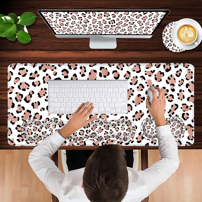 Keyboard Wrist Rest and Mouse Pad with Wrist Support Set Ergonomic CoasterMemory FoamEasy Typing Pain ReliefLarge XL Desk Mat 31.5x 11.8Leopard Print