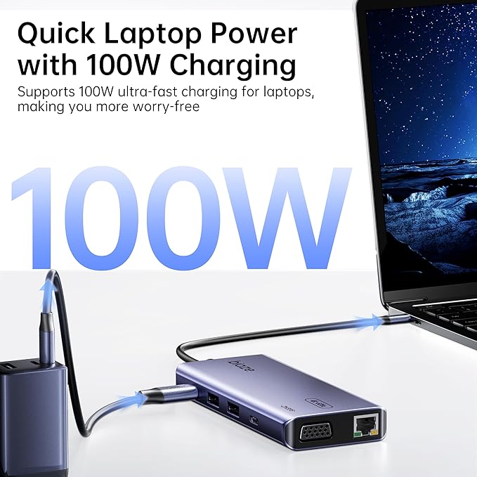 10-in-1 USB C Hub Multiport Adapter 4K60Hz HDMI &amp VGA 100W PD Charging Gigabit Ethernet USB 3.0 SD/TF Card Reader 3.5mm Audio for MacBook iPad Dell HP and More Type C Laptops