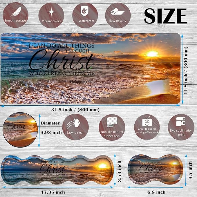 Gaming Mouse Pad Set Large Gaming Mouse Pad+Keyboard Wrist Rest+Mouse Wrist Rest+Coaster Easy Typing Pain Relief 31.5 × 11.8 inch Desk Mat for Home Office Beach Quoting Philippians 4-13