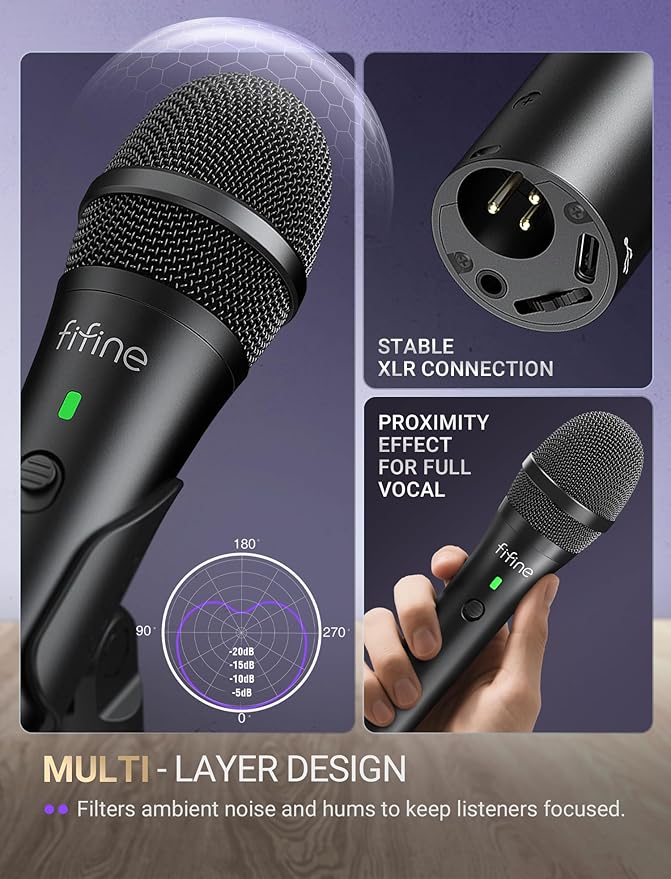 FIFINE USB/XLR Dynamic Microphone for Podcast Recording Studio Handheld Mic Set with Desktop Stand for Vocal Voice Over Streaming Black-AmpliTank TANK2