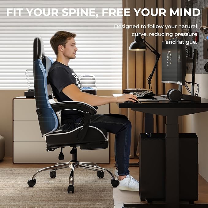 Dowinx Ergonomic Gaming Chair with Footrest Heavy Duty 330lbs Office Chair Massage Lumbar Support Adjustable Height &amp Headrest Pillow Comfortable for Back Pain Relief Streaming Long Gaming Whi