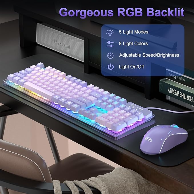 Gaming Keyboard and Mouse Combo K1 RGB LED Backlit Wired Keyboard with 104 Key Computer PC Gaming Keyboard for PC/Laptop (Purple)
