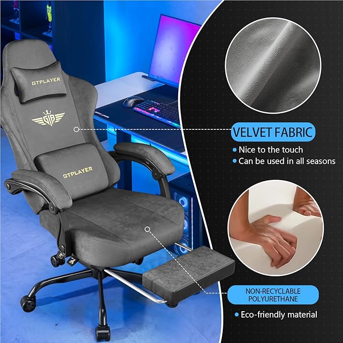 GTPLAYER Gaming Chair Fabric with Pocket Spring Cushion Big and Tall Gamings Chairs 350LBS High Back Computer Chair with Footrest for Adults Lumbar Support Swivel Game Chair for Office Dark Grey