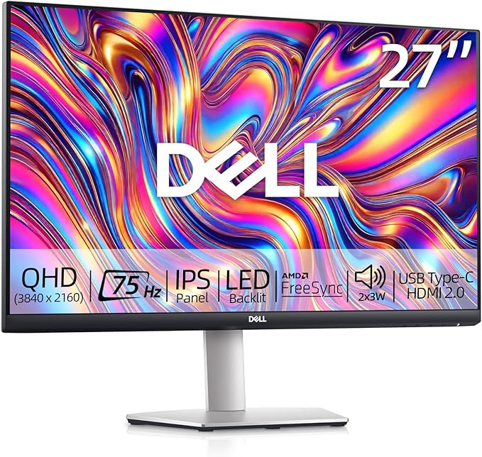 Dell 27 inch Monitor WQHD (2560x1440) 75Hz IPS Panel 4ms 99% sRGB AMD FreeSync VESA Low Blue Light 2 HDMI1 USB-C 2 USB-A 2x3W Speaker Ultra-Thin bezels Height/Tilt/Swivel/Pivot White