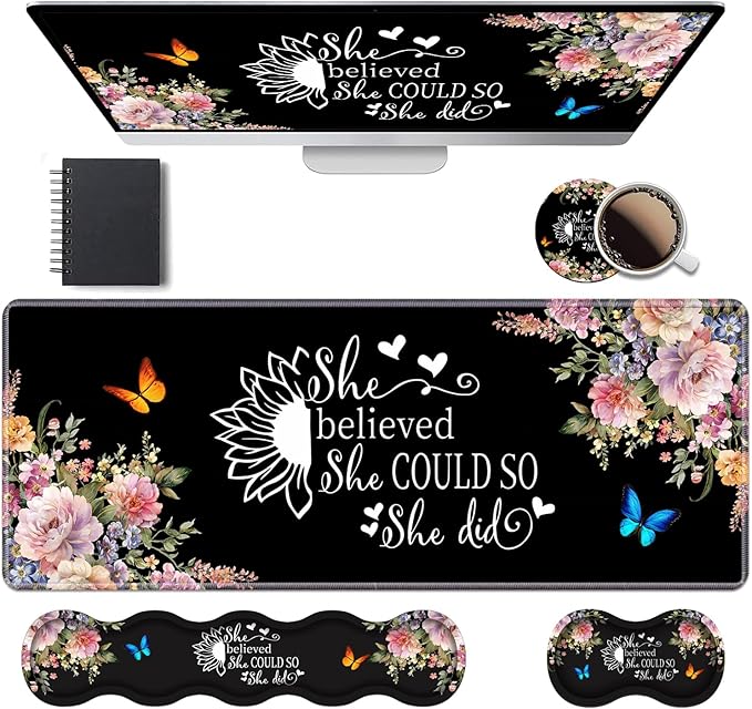 Ergonomic Keyboard Wrist Rest &amp Mouse Pad Wrist Rest Set 31.5x 11.8 Large XXL Gaming Desk Pad Memory Foam Non-Slip Desk Mat for Office &amp Home Floral Quote She Believed She Could So She Did