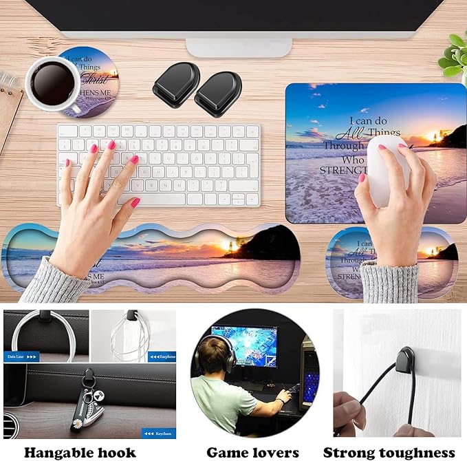 Keyboard Wrist Rest Pad + Mouse Wrist Rest Pad +Mouse Pad + Coaster + Hook Set Ergonomic Wrist Pain Relief Anti-Slip Mouse Pad for Home and Office Beach Philippians 4-13