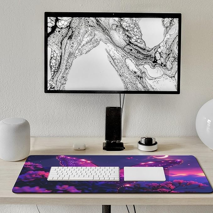 Purple Butterfly Mouse Pad Large Desk Mat Extended Keyboard Mouse Pad with Non-Slip Base and Stitched Edge Mouse Mat Desk Pad 36x16 Mouse Pads for Desk Home Office Gaming