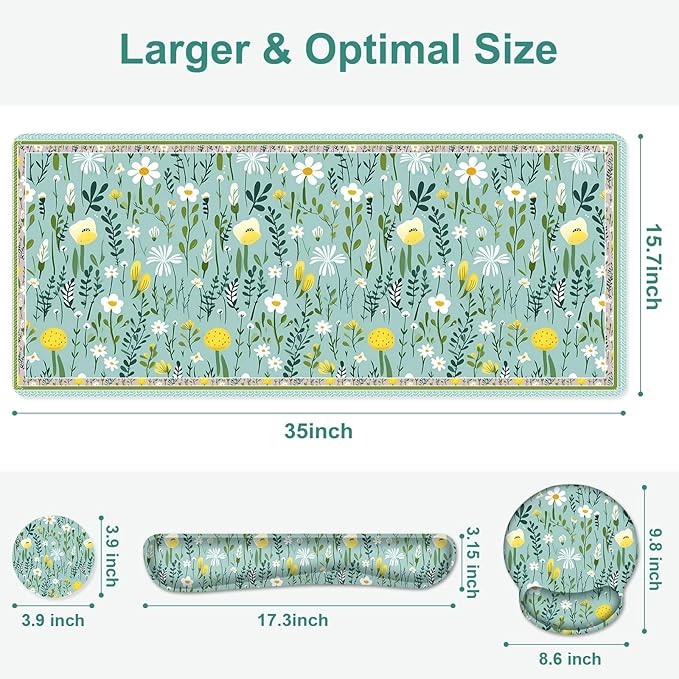 Floral Desk Mat 4in1 Large Mouse Pad with Wrist Rest Desk Matt for Desktop Desk Pad Mat Anti-Slip XXL Computer Ergonomic Mousepad with Wrist Support for Keyboard and Mouse I Green Elegant Flowers