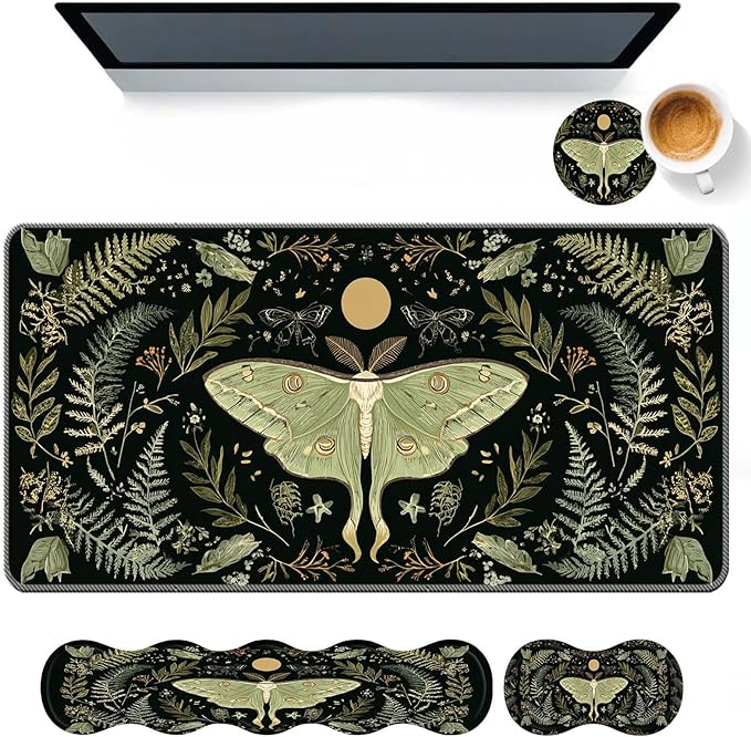 Keyboard Mouse Pad SetLarge Desk Pad+Keyboard Wrist Rest+Mouse Wrist Support+CoasterEasy Typing Pain Relief Non-Slip Wrist Support Mousepad Set Home OfficeLuna Moth Series