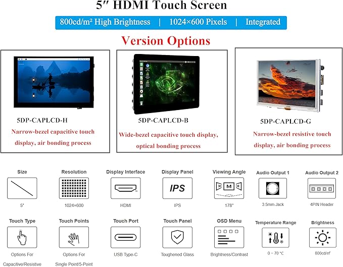 5inch HDMI Touch Screen 1024x600 Capacitive Touch IPS Display Compatible with Raspberry Pi 5/4B/3B+/3B/Zero 2W/Zero W/Zero/Pico/Pico W Win 11/10/8.1/8/7 /Jetson Nano (Wide-Bezel Capacitive Touch)