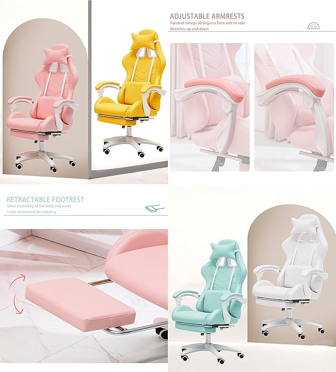 TBQATNTS Pink Girls Gaming ChairCinnamoroll Ergonomic Gaming Chair with FootrestAdjustable Head Pillow and Lumbar Support PC Computer ChairTeen Gaming Chair.Blue