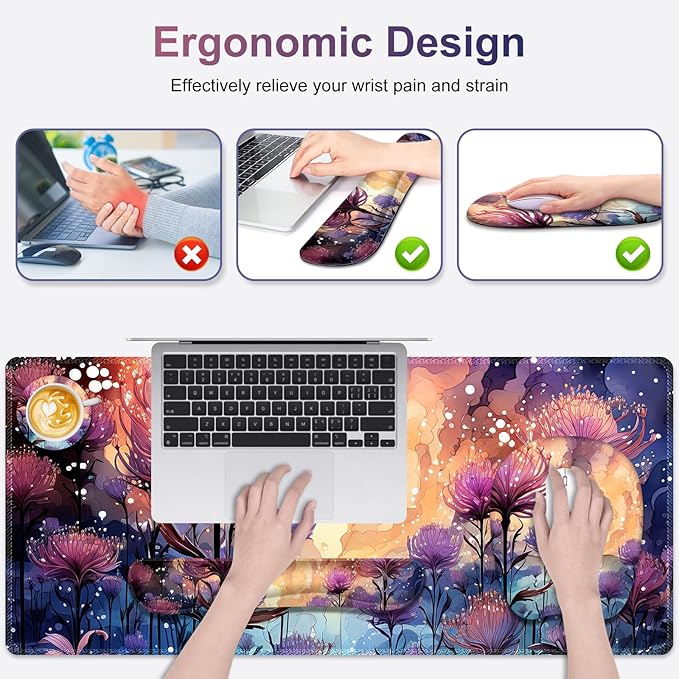 4 in 1 Large Mouse Pad Keyboard Wrist Rest Set Ergonomic Mouse Pad with Wrist Support Desk Mat with Stitched Edges Extended Desk Pad Waterproof Desk Mat for Home Office I Blossom Purple Flower