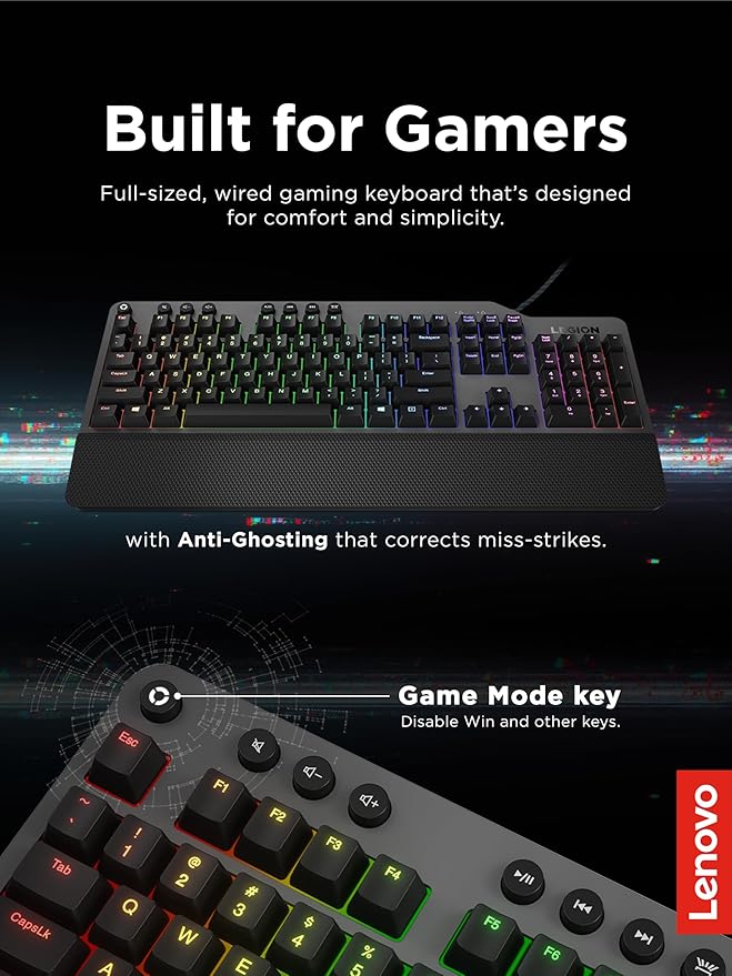 Lenovo GY40T26478 Legion K500 RGB Mechanical Gaming Keyboard 3 ZONE Full-size Keyboard 7 user Programmable Hot Keys 16.8 Million Colors 50 Million-Click Red Mechanical Keys Detachable Palm Rest