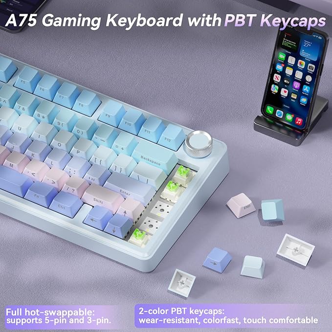 SOLAKAKA A75 Wireless Mechanical Keyboard Hot Swappable Gaming Keyboard with RGB Backlit Multifunction Knob Gasket Mounted Creamy Keyboard BT5.0/2.4GHz/USB-C 75% Compact Layout for Win/Mac/PC