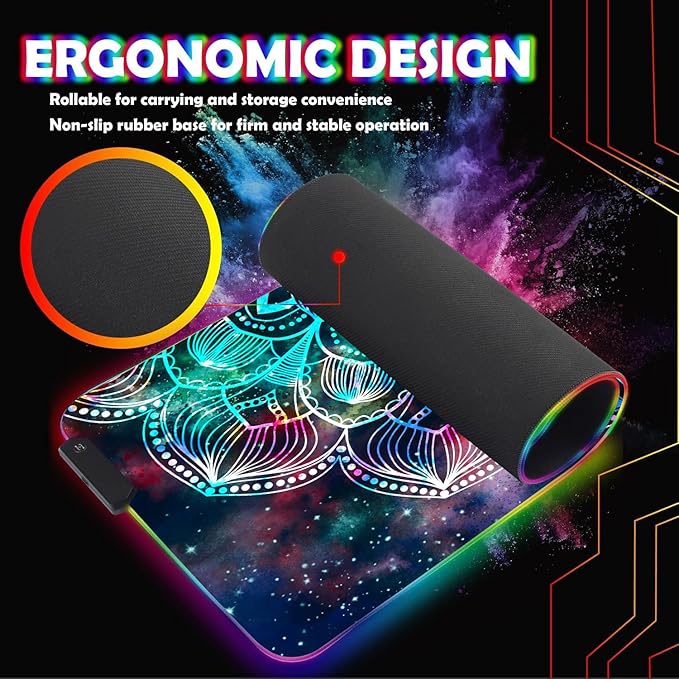 Customized RGB Gaming Mouse Pad and Coffee CoasterLarge Glowing Led Anti-Slip Rubber Base Computer Keyboard Desk Mouse Mat 31.4x11.8 InchMandala in Galaxy