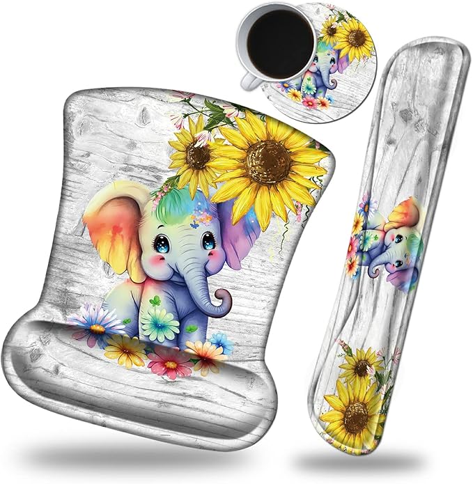 Keyboard Wrist Rest and Mouse Wrist Rest Pad Set Made of Memory Foam with Non Slip Rubber Base Ergonomic Gel Wrist Rest for Computer Keyboard Gaming Office Working Cute Elephant Sunflower Coaster