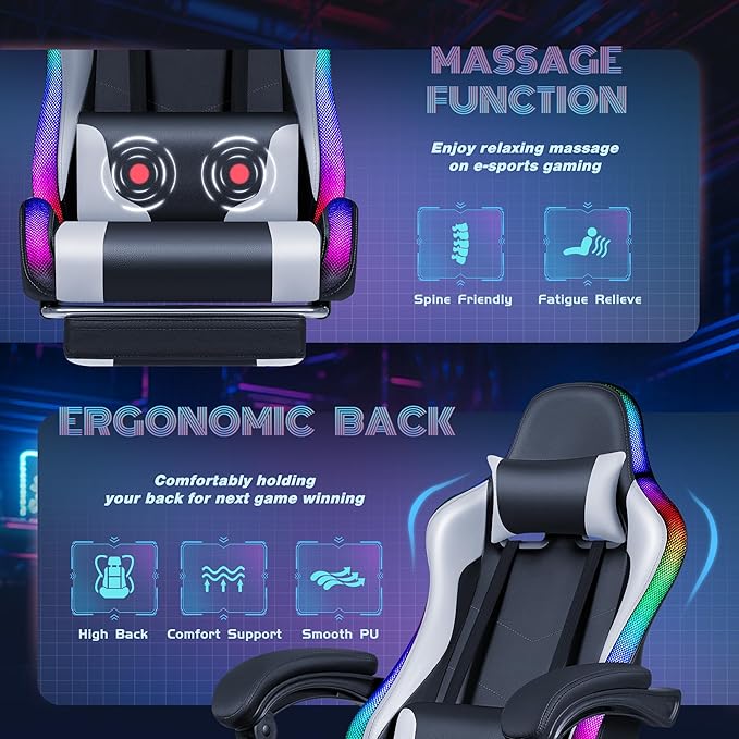 Furmax Gaming Chair with RGB LED Lights Video Game Chair with Footrest and Massage Lumbar Support High Back Reclining Computer Chair with Headrest Swivel Seat Gamer Chair (LED White)
