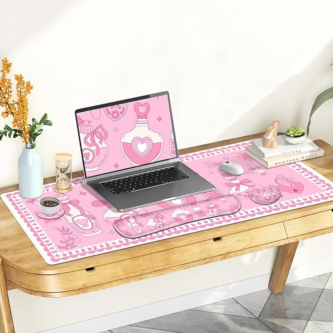 Desk Mat Pad Gaming Mouse Pad Wrist Support Set 4 in1 Non-Slip XXL Large Mousepad + Ergonomic Keyboard Wrist Rest+Mouse Wrist Rest+Coaster for Home Office Computer I Pink Kawaii Bow Bottle