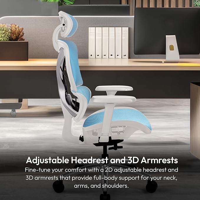 ThunderX3 XTC Ergonomic Office Chair for Adults Gaming Chair High Back Desk Chair Synchronous Tilt Self-Adjusting Lumbar Support and Backrest Adjustable Headrest Chroma Mesh White Blue