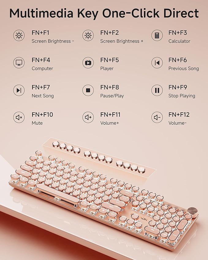 EWEADN Typewriter Style Mechanical Keyboard Wired Typewriter Keyboard104 Keys Retro Typewriter Keyboards Media Control Knob Wired Computer Keyboard Pink Switch for Windows/Mac/PC-Pink