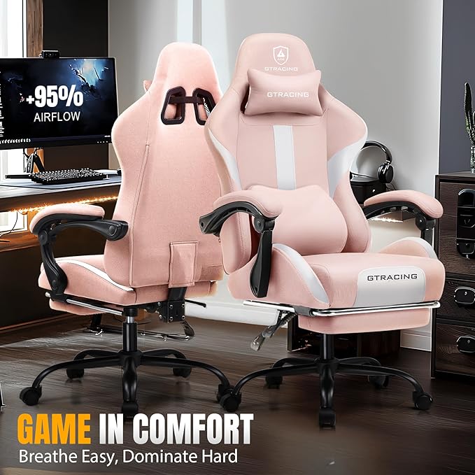 GTPLAYER Gaming Chair with Foot Rest &amp Pocket Spring Cushion Ergonomic High Back Computer Desk Chair with Headrest &amp Lumbar Support for Back Pain Relief Breathable Fabric Pink