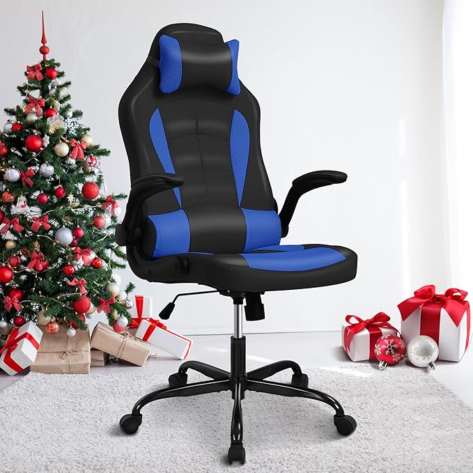 Blue Gaming Chair PU Leather Gaming Chairs for Adults Comfy Office Chair Ergonomic Desk Chair Computer Chair with Flip Up Arms Swivel Reclining Gamer Chair Height &amp Backrest Adjustable 300 Lb