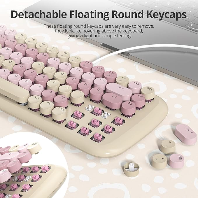 Milky Creamy Mechanical Gaming Keyboard Aesthetic Keyboard w/White Backlit 84 Keys Cute Retro Typewriter Computer Keyboard Wired w/Pink Switch Round Keycap for Windows/PC/PS5 (Milk Tea)