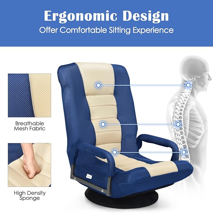 S AFSTAR Floor Gaming Chair Swivel Foldable Chair with Armrest &amp 6-Position Adjustable Backrest Folding Rocker for TV Reading &amp Home Office (Blue)