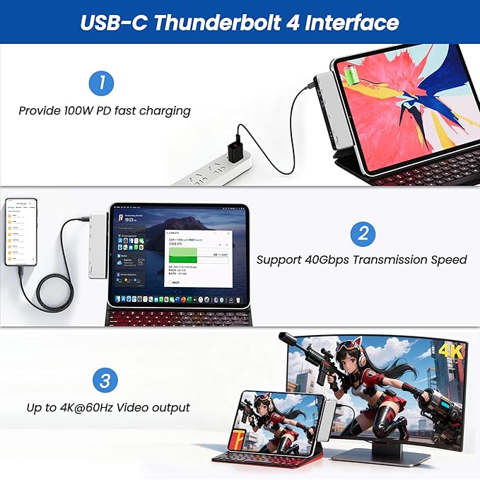 Surface Pro 12 Docking Station Hub Surface Pro 12 Accessories with 4K HDMI USB-C Thunerbolt 4 (4K60Hz Video+Data+100W PD) 3.5mm Audio SD/TF 2*USB 3.0 Hub for Microsoft Surface Pro 12 inch 2025
