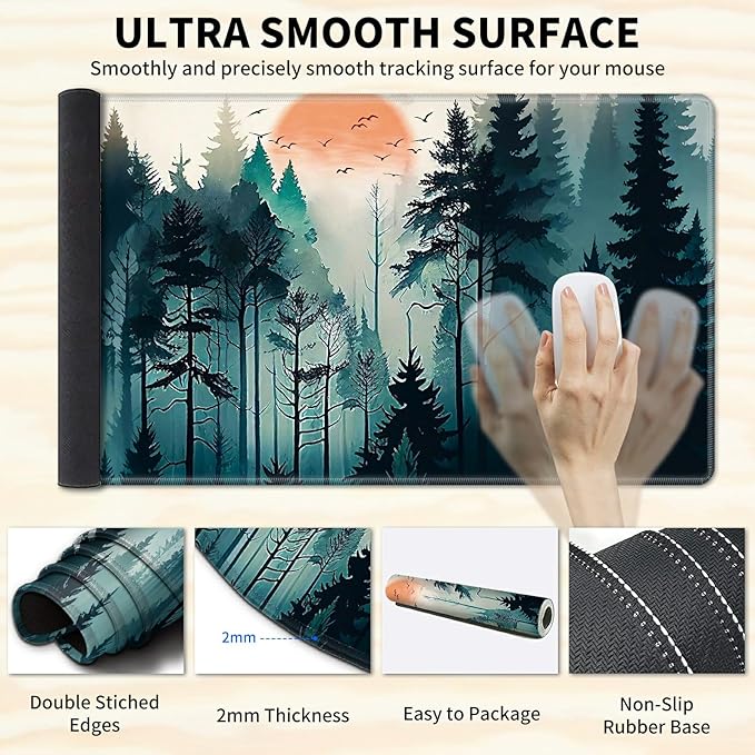 Keyboard Wrist Rest &amp Desk Mat 35.4 x 15.7 inch &amp Mouse Wrist Rest &amp Coasters 4 Pcs Gaming Mouse Pad with Wrist Rest Set with Memory Foam Ergonomic Easy Typing Pain Relief - Forest Tree