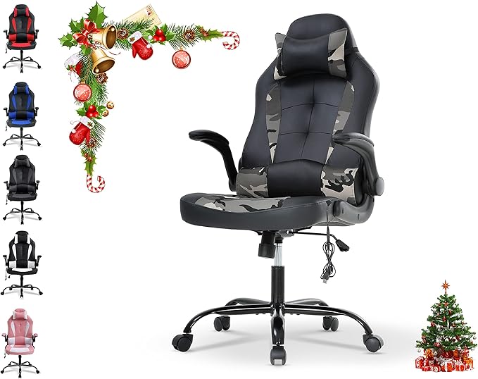 Gaming Chair Ergonomic Video Game Chair Computer High Back Office Desk Chair with Lumbar Support Adjustable Swivel Reclining Rolling PU Leather Game Chairs (Camo2)