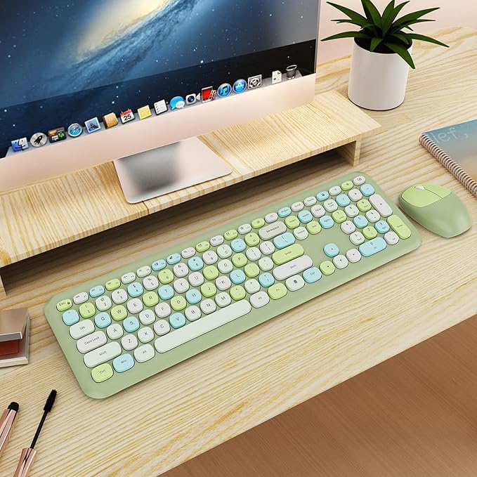 Wireless Keyboard and Mouse Combo Colorful Ergonomic Full Size Retro Low-Noise Keyboard with Cute keycaps Compatible with Windows PC Perfer for Home and Office Keyboards (Green)