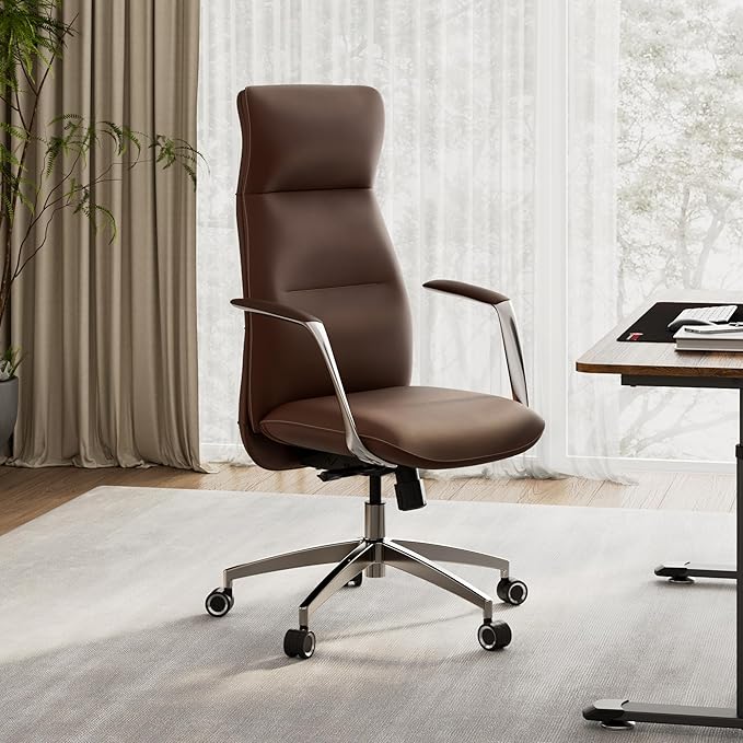 EUREKA ERGONOMIC Royal Slim Executive High Back Brown Leather Office Chair Home Desk Chair for Adults Big and Tall with Wheels Swivel Rolling