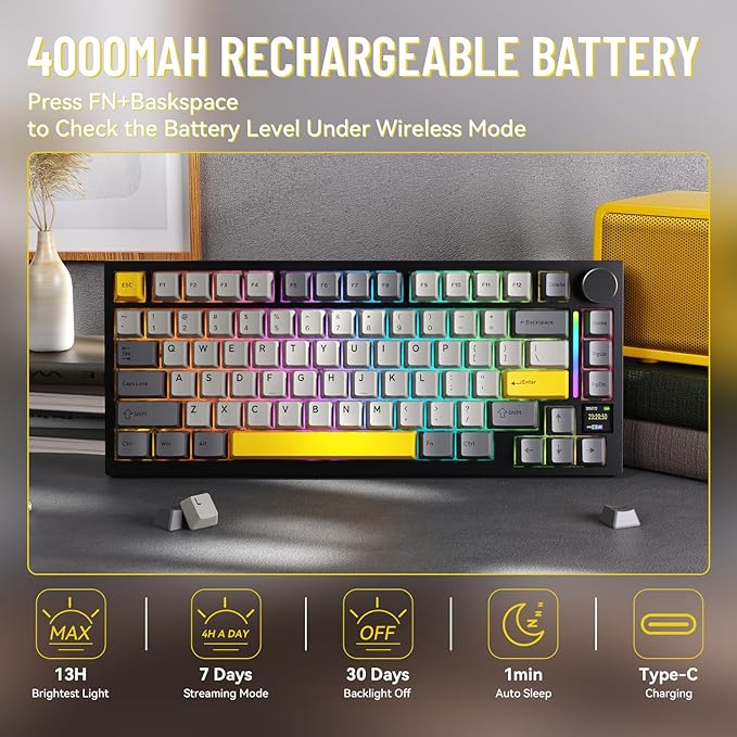 ATTACK SHARK X820ULTRA Wireless Gaming Mechanical Keyboard with TFT Smart Display&ampKnobPBT KeycapsGasket Mounted 75% TKL KeyboardBT5.0/2.4GHz/USB-CRGB Backlit for PC（Starry Black Shark Switch）