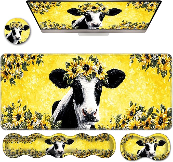 Ergonomic Keyboard Wrist Rest &amp Mouse Pad Wrist Rest SetXL Gaming Desk Mat 31.5x 11.8Non-Slip BaseMemory FoamEasy Typing Pain Relief for Office &amp HomeCow with Sunflower Crown