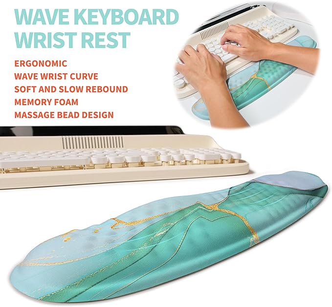 2-in-1 Ergonomic Set Wave Rise Keyboard Wrist Rest and Massage Bulge Slope Mouse Pad Wrist Support Cushion Memory Foam Integrated to Relieve Wrist Pain Blue Gold Marble
