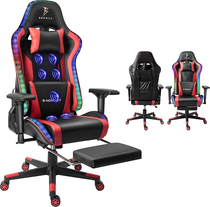 TBQATNTS Gaming Chair with Massage and SpeakersErgonomic Video Gaming Chair with Footrest and Lumbar SupportRGB Racing Gaming Chair Computer Chair for Adults and Teens 400lb.Red