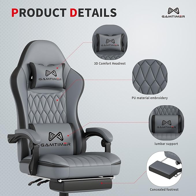 Gaming Chair with Footrest Ergonomic Computer Chair PU Breathable Material with Headrest and Lumbar Support Suitable for Silla Gamer and Adults（Grey