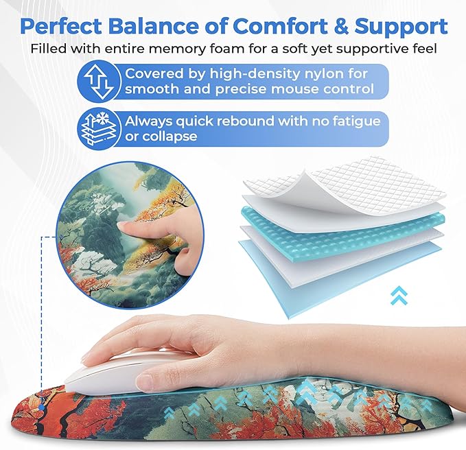 Ergonomic Mouse Pad with Wrist Support Memory Foam Wrist Rest for Pain Relief &amp Carpal Tunnel Non-Slip Base for Office Computer PC Laptop (12x8x1.2inch Japanese Forest)